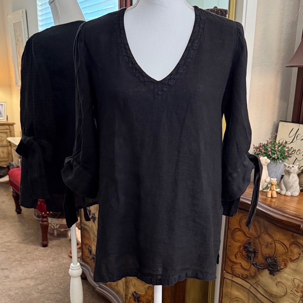 120% Lino Black Linen V-Neck Tunic Blouse Size 42